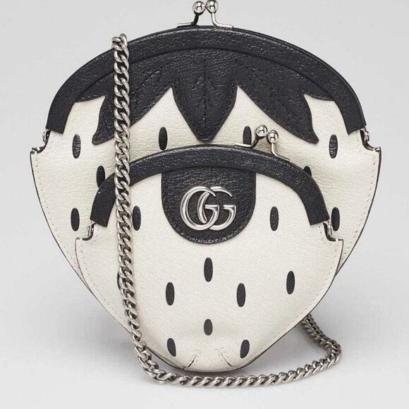 Gucci Black/White Leather Strawberry Mini Crossbody Bag - Picture 1 of 11